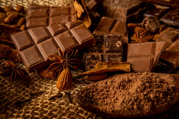 Still life with pieces of variety of chocolate and spices such as cinnamon, star anise and almonds