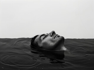 Un homme flotte dans l'eau noire, submergé par ses angoisses existentielles, ses pensées coupables et suicidaires, représentation de la dépression et des troubles psychiatriques - obrazy, fototapety, plakaty