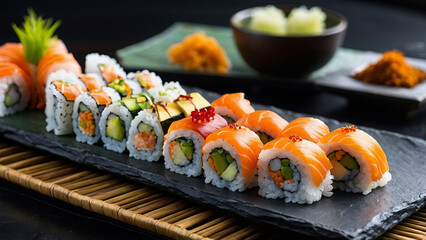 a plate of gourmet sushi rolls