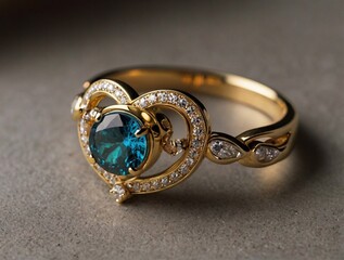 gold ring with blue sapphire on grey background, closeup