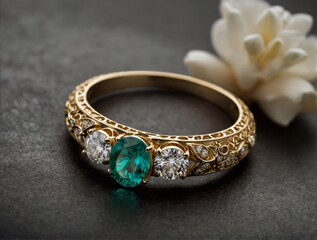 Jewelry ring with green emerald and flower on black background