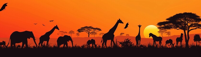 Fototapeta na wymiar Safari Silhouette, Silhouettes of various safari animals such as zebras, giraffes, and elephants against the African savannah