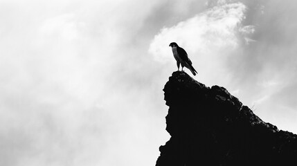 Naklejka premium Perched Falcon, A silhouette of a falcon perched high on a cliff