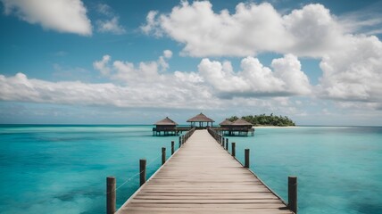 A pier with a wooden walkway leading to a small island - Powered by Adobe