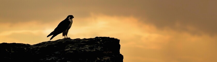 Naklejka premium Perched Falcon, A silhouette of a falcon perched high on a cliff