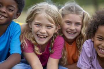 Portrait of group of happy children looking at camera in the park
