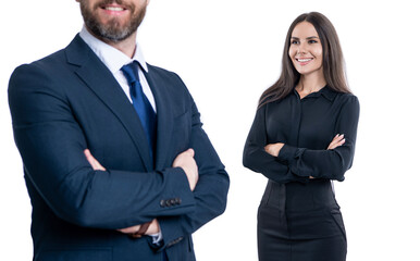 business coworkers isolated on white. two businesspeople in formal suit. ambitious businesspeople support. professional business leader with manager. successful businesspeople. assistant for director
