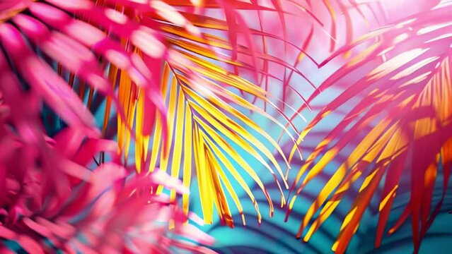 trendy summer Bali style floral patter background , colorful leaves palm shape art video wallpaper. Summer colors botanical tropical leaves ,sun light and shadows, pink, yellow lea