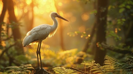 Naklejka premium A majestic white stork perched atop a tall tree in a lush forest, its keen eyes scanning the surroundings for potential prey.