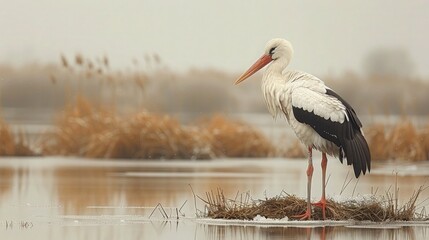 Naklejka premium A majestic white stork at swamp, its keen eyes scanning the surroundings for potential prey.
