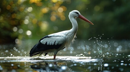 Naklejka premium A stork delicately wading through a tranquil pond, its long legs submerged in the shallow water as it hunts for fish.