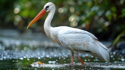 Obraz premium A stork delicately wading through a tranquil pond, its long legs submerged in the shallow water as it hunts for fish.
