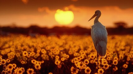 Obraz premium A stork standing proudly in a sun-drenched meadow, its elegant silhouette contrasting beautifully against the golden light of sunset.