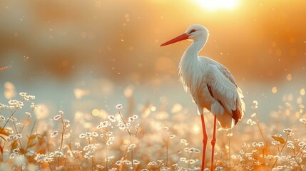 Fototapeta premium A stork standing proudly in a sun-drenched meadow, its elegant silhouette contrasting beautifully against the golden light of sunset.
