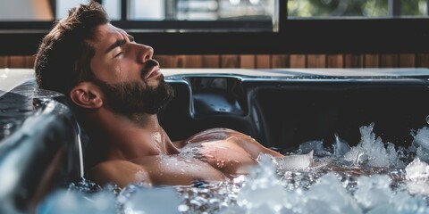 An athletic man takes an ice bath cooling at hot weather