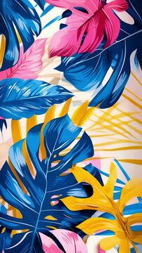 trendy summer Bali style floral patter background , colorful leaves palm shape art video wallpaper. Summer colors botanical tropical leaves ,sun light and shadows, pink, blue lea