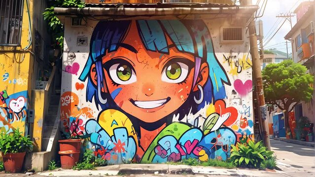Engaging 4K looping video showcasing the lively graffiti of a child's face adorning a street wall.