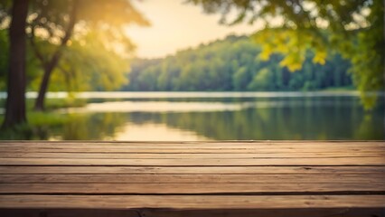 A wooden table with a view of a lake