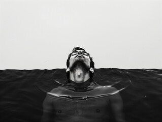 Un homme flotte dans l'eau noire, submergé par ses angoisses existentielles, ses pensées coupables et suicidaires, représentation de la dépression et des troubles psychiatriques, lutte pour survivre - obrazy, fototapety, plakaty