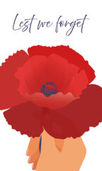 Veterans day card. Red poppy in hand on white background with phrase "lest we forget".