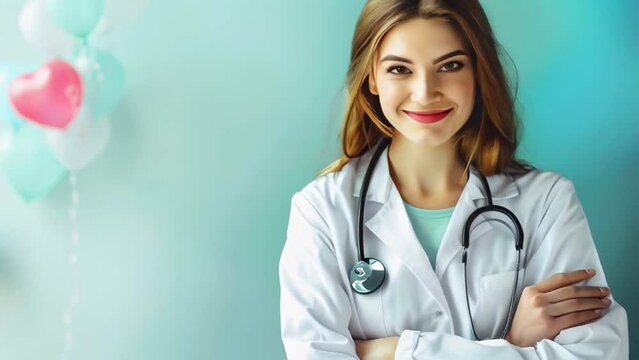 A nurse in white clothes with a stethoscope on a blue plain background. Nurses Day May 12.