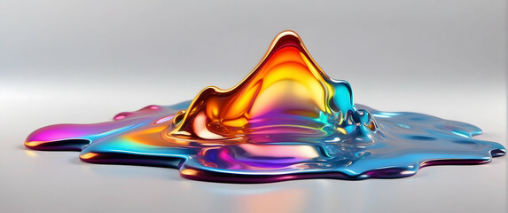 This photograph captures a still life of colorful reflective liquid shaped like a mountain, showcasing vibrant hues and glossy surface