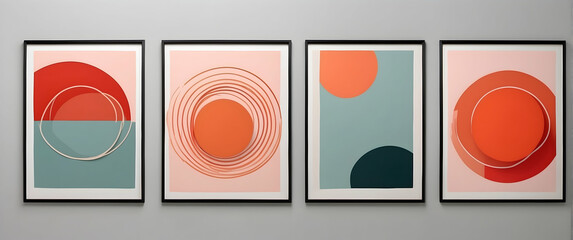 A collection of four framed art pieces with abstract geometric shapes in warm tones on a plain wall