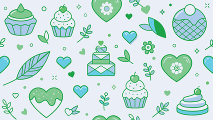 seamless pattern with flowers, love background, cake, vector
