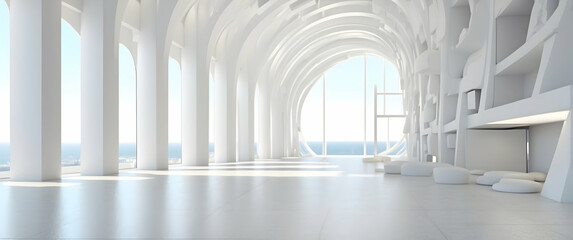 Obraz premium An expansive, modern, white interior space with arches and pillars, evoking a sense of futuristic design and minimalist architecture