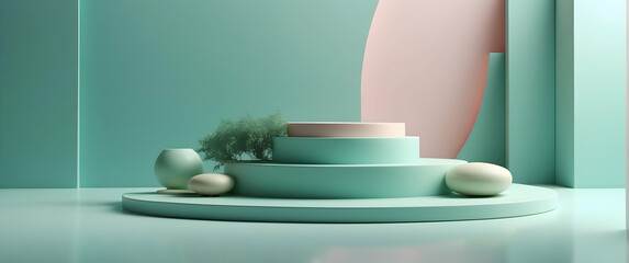 A calming, minimalistic display of podiums in pastel green and pink hues, complemented by a small tree and geometric shapes