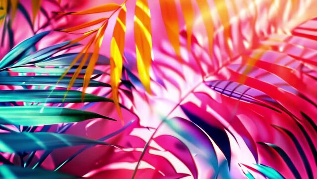 trendy summer Bali style floral patter background , colorful leaves palm shape art video wallpaper. Summer colors botanical tropical leaves ,sun light and shadows, pink, yellow lea