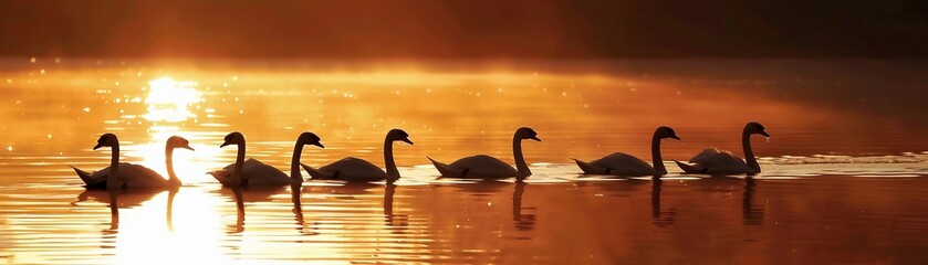 Synchronized Swans, Silhouettes of swans swimming in formation across a tranquil pond