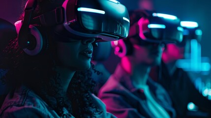 A group of friends playing a virtual reality game together fully immersed in the experience thanks to advanced neural interfaces..