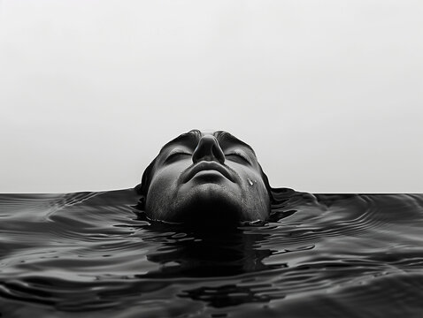 Un homme flotte dans l'eau noire, submerg&eacute; par ses angoisses existentielles, ses pens&eacute;es coupables et suicidaires, repr&eacute;sentation de la d&eacute;pression et des troubles psychiatriques, lutte pour survivre