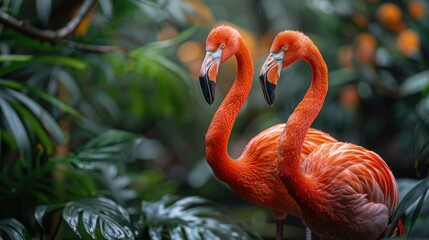 Fototapeta premium A pair of flamingos engaged in a tender bonding ritual