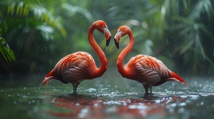 A pair of flamingos engaged in a tender bonding ritual