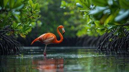 A solitary flamingo perched elegantly on one leg at the edge of a lush tropical mangrove forest