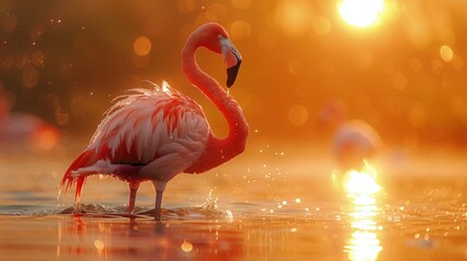 A flamingo basking in the warm glow of sunrise, its delicate silhouette framed by the golden hues of the morning sky as it starts its day with a graceful stretch.