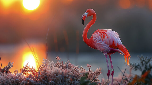 A flamingo basking in the warm glow of sunrise, its delicate silhouette framed by the golden hues of the morning sky as it starts its day with a graceful stretch. - Powered by Adobe