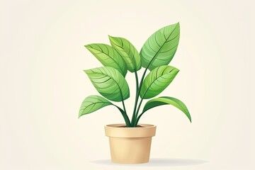 Cute Plant Pot with Detailed Green Leaves on White Background - Vector Art Nature