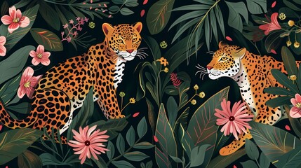  Leopard and Bobcat in Floral Jungle