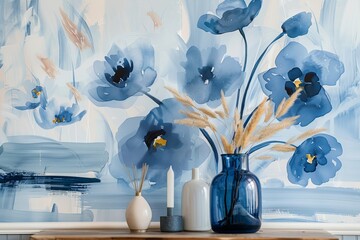Elegant Blue Bloom Abstract Art: Boho Chic Decor Featuring Elegant Floral Wallpaper in Blue Tones