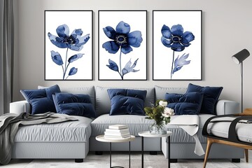 Boho Indigo Floral Poster Print: Navy Blue Botanical Art for Contemporary Living Room Decor