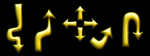 3D Chrome golden vector arrows, Y2k shape set doddle style. Shiny 3d gold icon. Glossy vector. Set Inflatable 3D Balloon Inflated shapes, abstract elements. Bubbly, three-dimensional illustration.