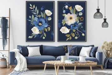 Boho Style Navy Blue Floral Botanical Print Living Room Wall Art - Stylish Navy Floral Poster for Contemporary Interiors
