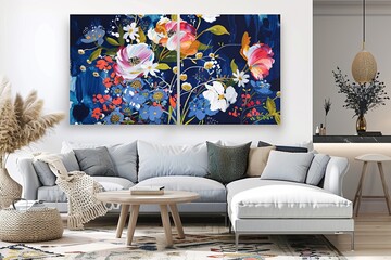 Navy Blue Floral Botanical Wall Art: Living Room Indigo Print Home Decor
