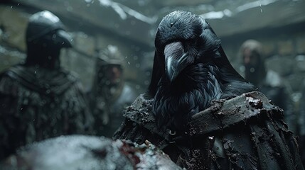 Naklejka premium A humanoid crow stands in front of an animal carcass