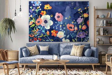 Botanical Navy Blue Floral Wall Art for Living Room - Indigo Print Home Decor - Boho Style