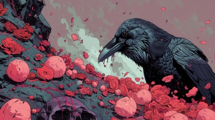 Naklejka premium A crow in a forest of death filled with mourning flowers.