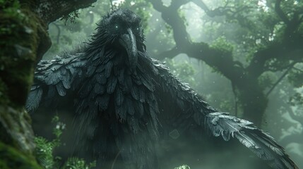 Obraz premium The mythical raven, the guardian of the misty forest.